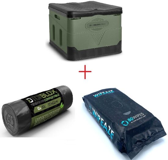 Portatīvās Tualetes komplekts - Delphin ToiBLOX King + maisiņi Delphin ToiBLOX + Higēnas salvetes Wolf - Pureclean WipEaz 