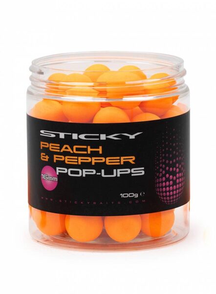 STICKY PEACH & PEPPER POP UPS, Persiku/Piparu peldošās boilas jeb pop up - 12,16mm