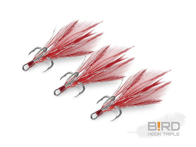 Delphin B!RD Hook TRIPLE RED / Trīsžuburu āķi ar spalvām sarkanā krāsā 3gab.