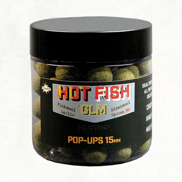 Dynamite 15mm Hot Fish & GLM Foodbait Pop-ups, peldošās boilas