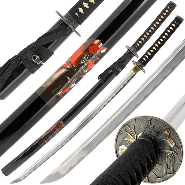 Samuraja dizaina zobens - Roku darinājums + statīvs, Hand Made Sword Set 407 Lone samurai design