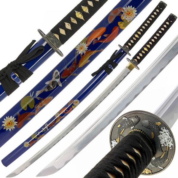 Zen Koi karpu dizaina zobens - Roku darinājums + statīvs, Hand Made Sword Set 455 Zen Koi Pond design