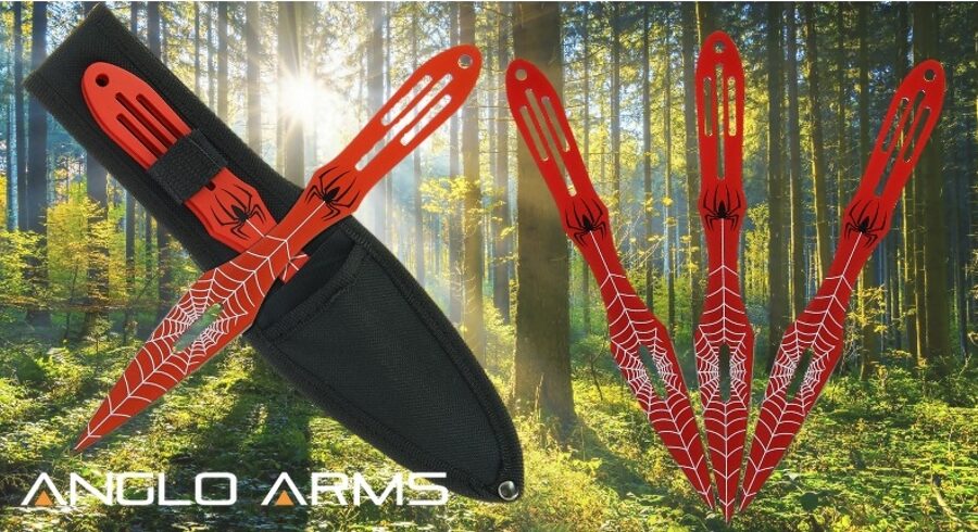 Anglo Arms Set of 3 Spider Style Throwing Knives, Metamie naži Spider man 3gab sarkani