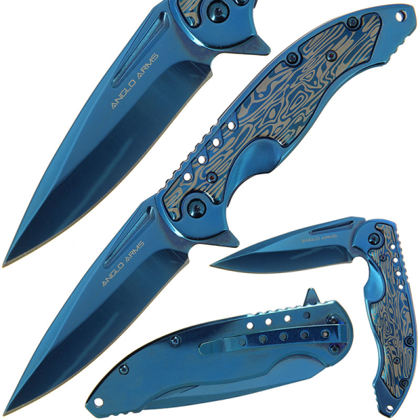 Anglo Arms blue lock knife, Zila titāna krāsas atveramais nazis ar damaskas imitācijas rokturi