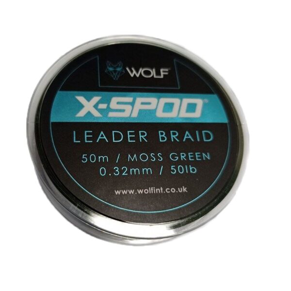 WOLF X-SPOD LEADER BRAID / šoklīderis , pītā aukla / 50m , Zaļš , 0,32mm / 50lb 